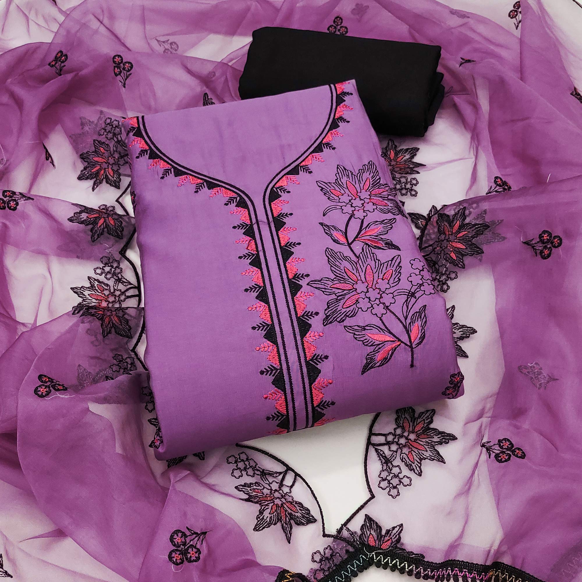 Orchid Purple Cotton Silk Dress Material With Intricate Floral Thread Embroidery