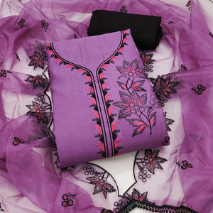 Orchid Purple Cotton Silk Dress Material With Intricate Floral Thread Embroidery