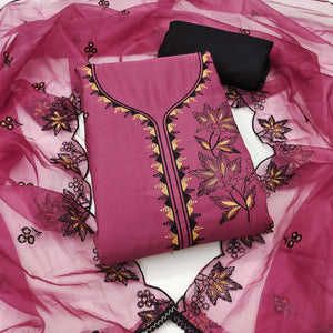 Pink Cotton Silk Dress Material With Intricate Floral Thread Embroidery