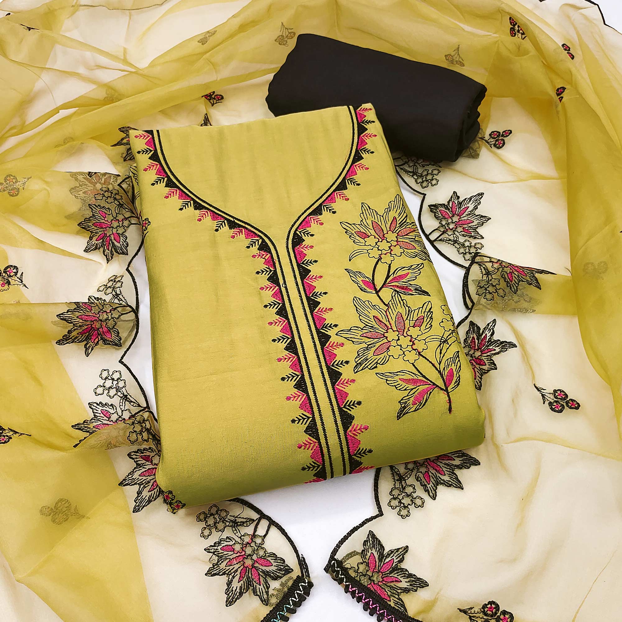 Yellow Cotton Silk Dress Material With Intricate Floral Thread Embroidery