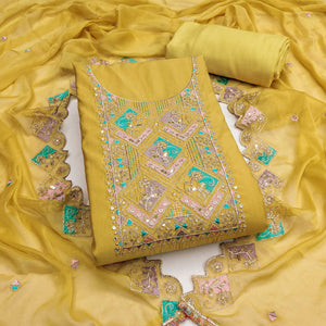 Mustard Floral Embroidered Cotton Silk Dress Material With Glimmering Sequins Work
