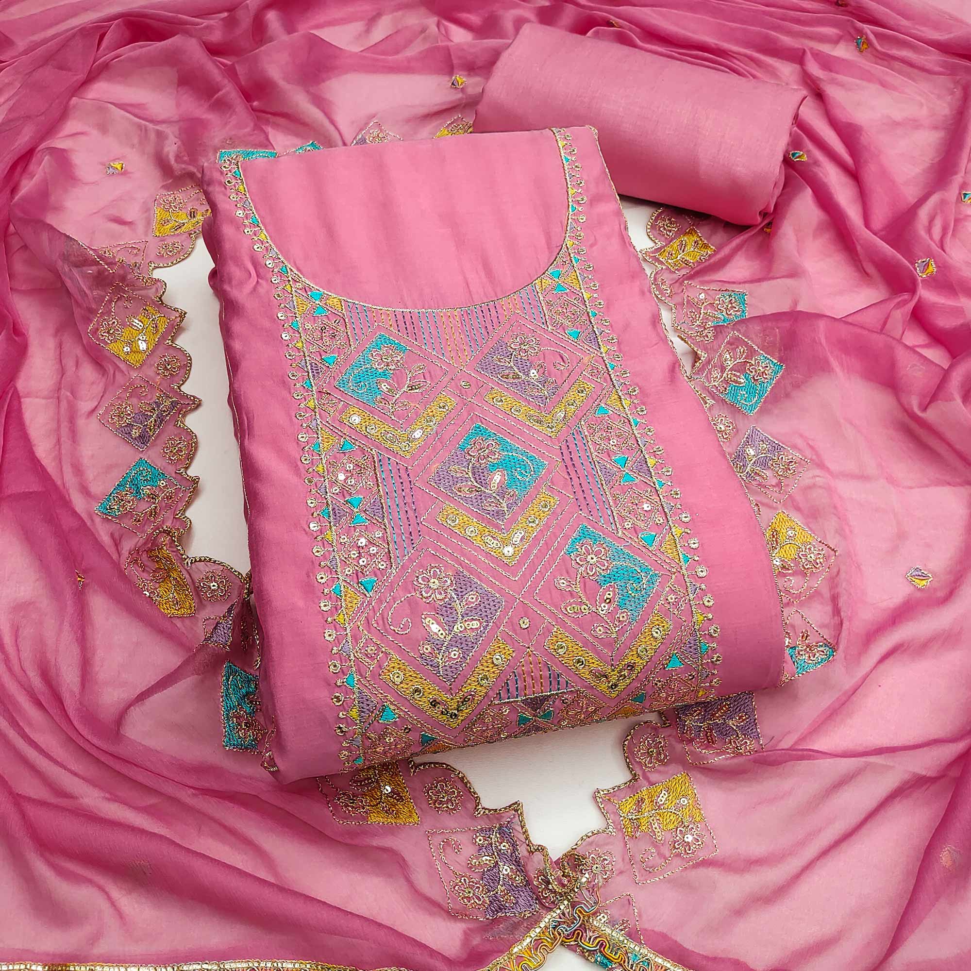 Pink Floral Embroidered Cotton Silk Dress Material With Glimmering Sequins Work