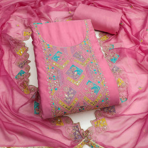 Pink Floral Embroidered Cotton Silk Dress Material With Glimmering Sequins Work