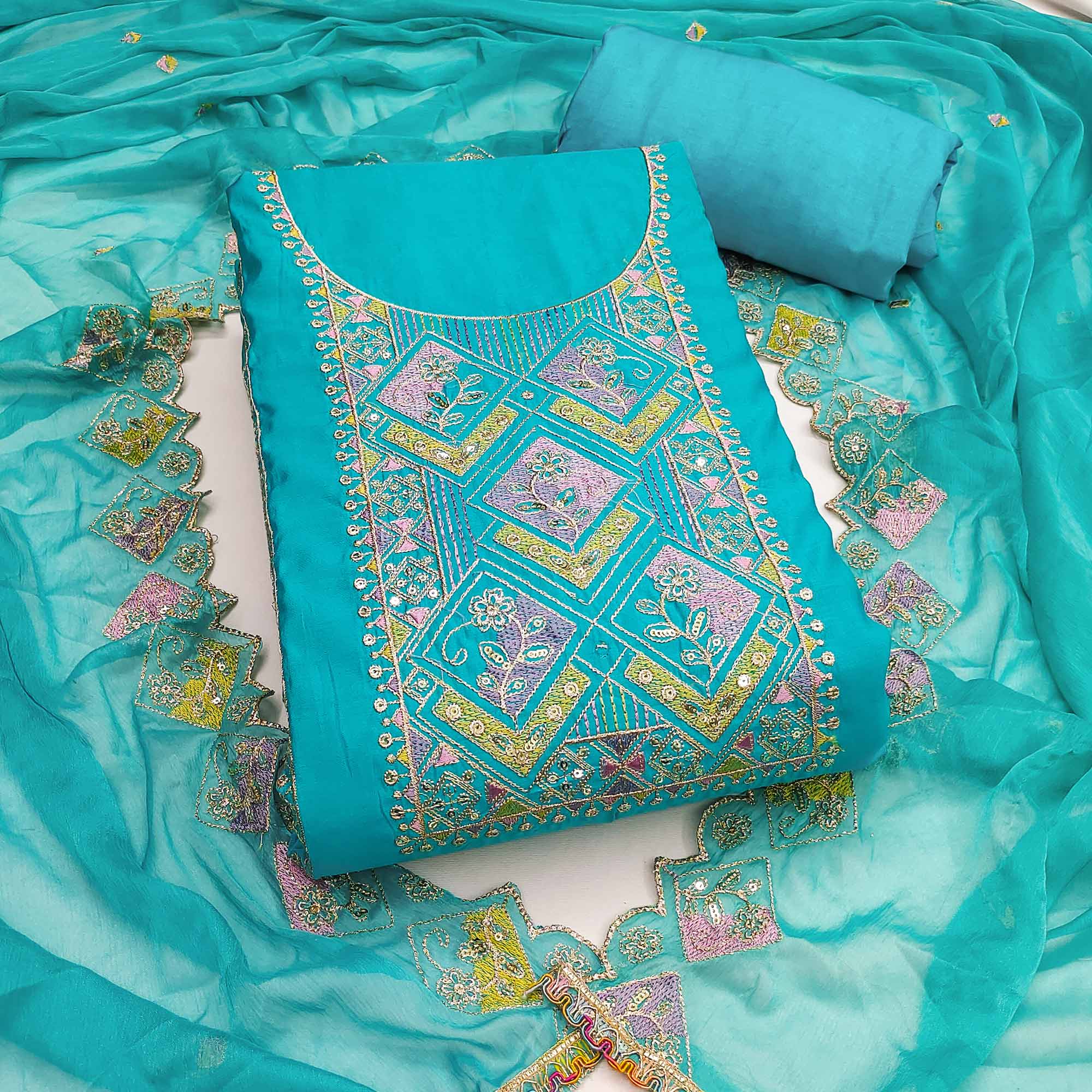 Turquoise Floral Embroidered Cotton Silk Dress Material With Glimmering Sequins Work