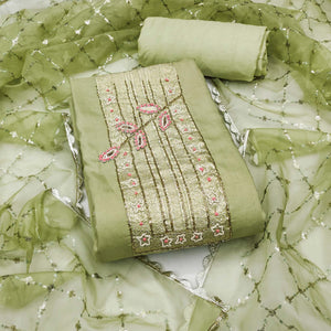 Green Woven With Intricate Moti Handwork Banarasi Cotton Dress Material