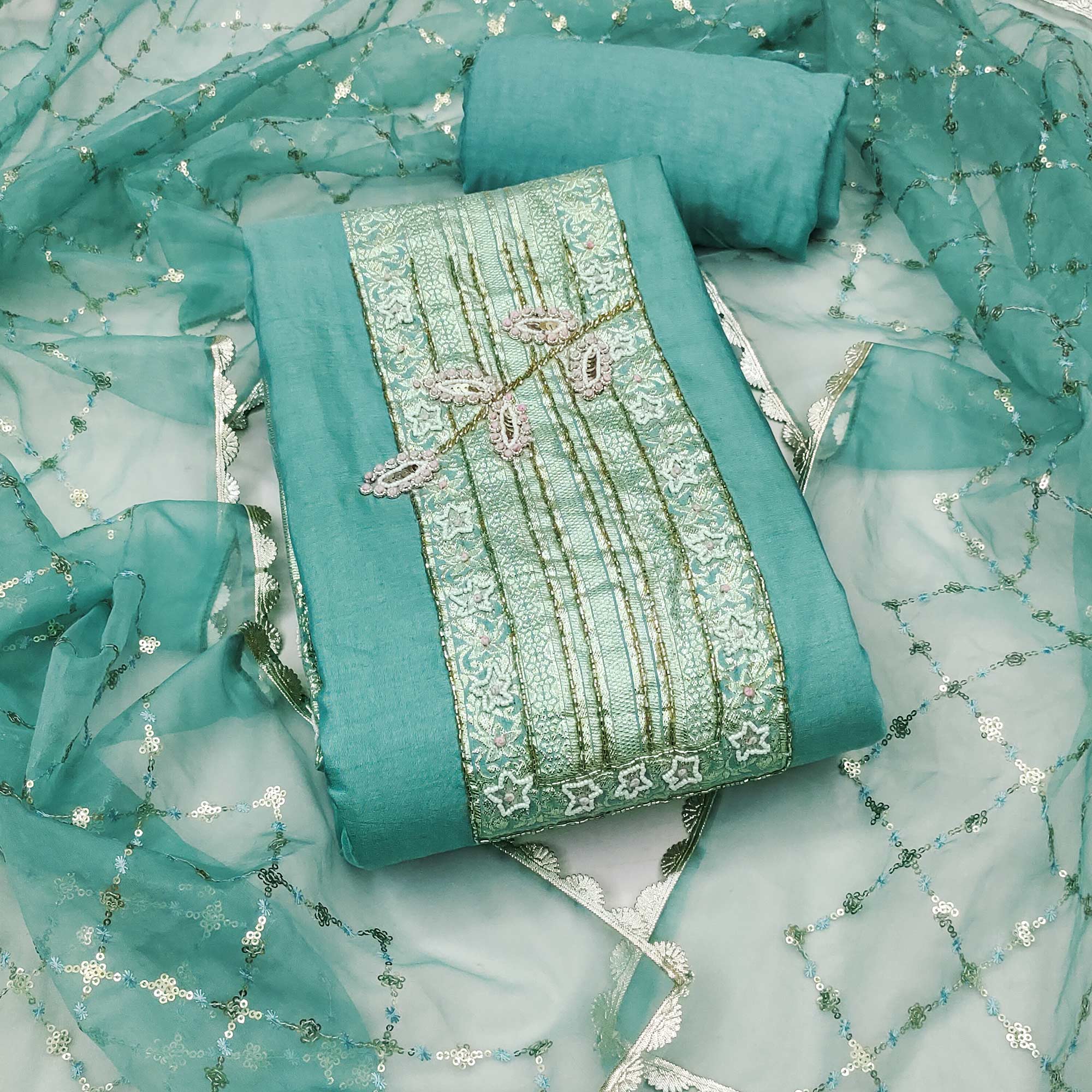 Turquoise Woven With Intricate Moti Handwork Banarasi Cotton Dress Material