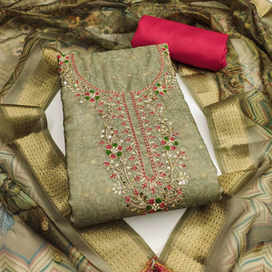 Olive Digital Printed Cotton Silk Dress Material With Intricate Moti & Sequins Handwork