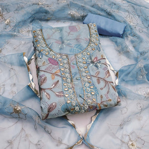 Blue Floral Elegance Dress Material With Handwork & Sequins On Organza