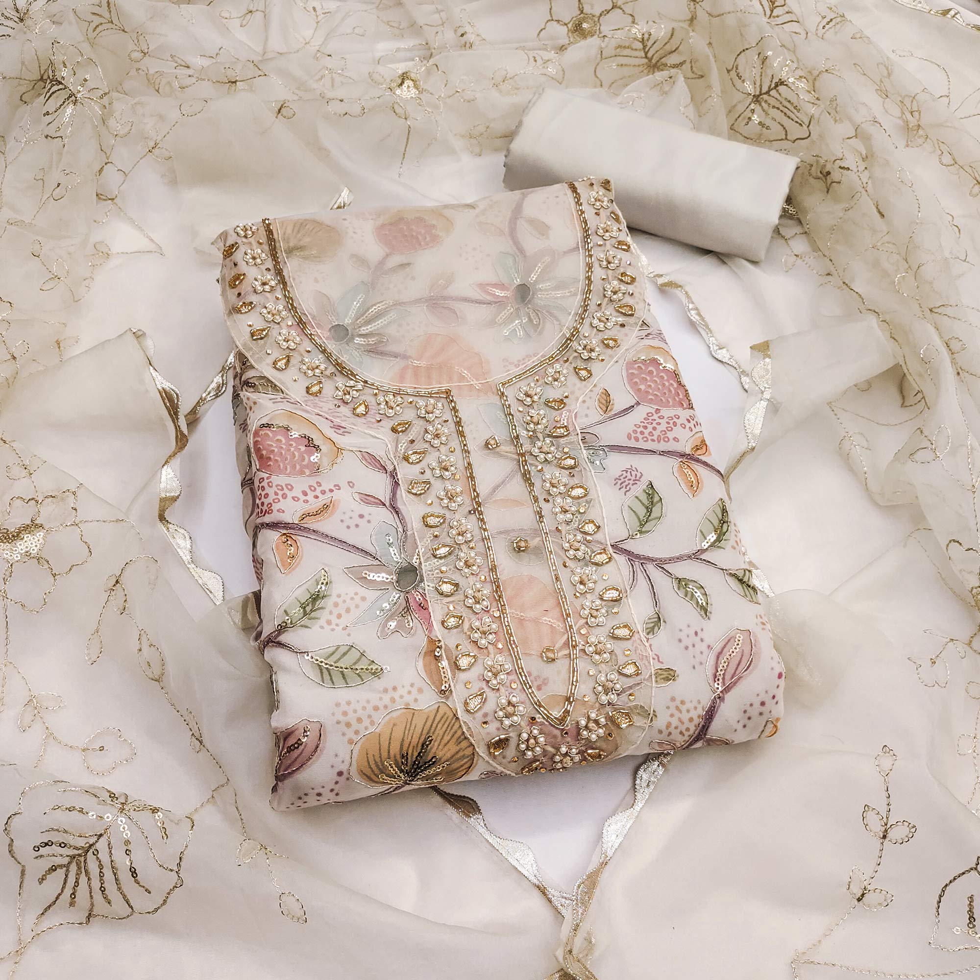 Cream Floral Elegance Dress Material With Handwork & Sequins On Organz Cream Floral Elegance Dress Material With Handwork & Sequins On Organz