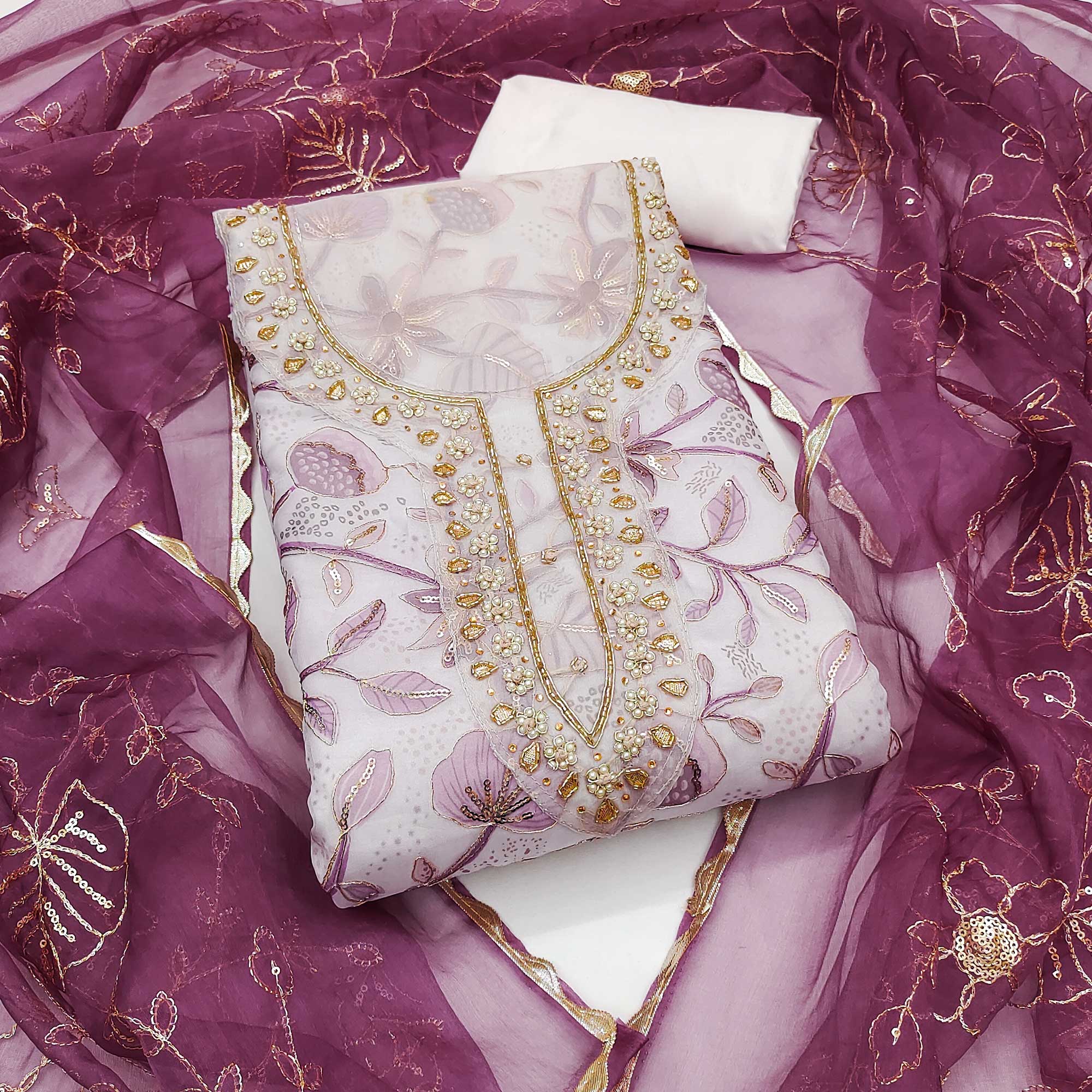 Wine Floral Elegance Dress Material With Handwork & Sequins On Organza Wine Floral Elegance Dress Material With Handwork & Sequins On Organza