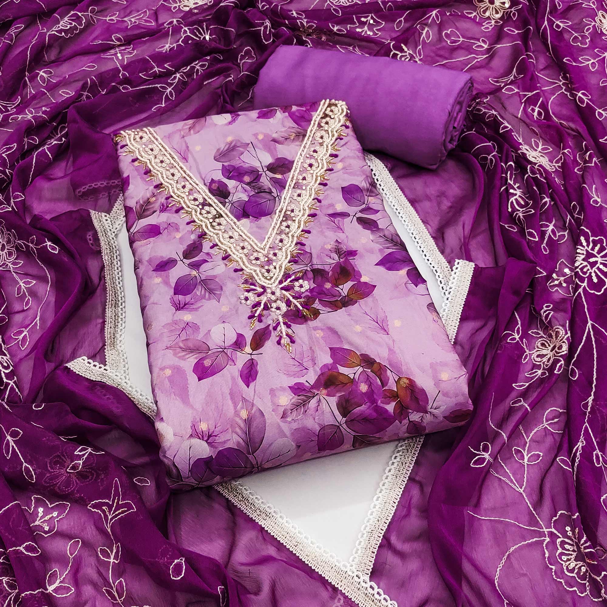 Purple Banarasi Silk Dress Material With Digital Print & Moti Handwork