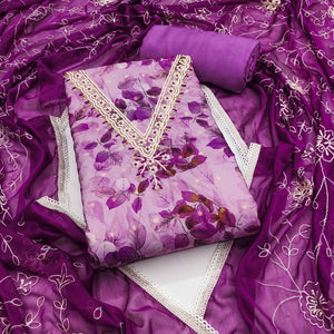 Purple Banarasi Silk Dress Material With Digital Print & Moti Handwork