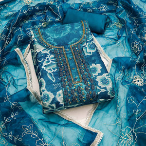 Blue Delicate Floral Sequins & Hand Embellishments On Flowing Organza Dress Material