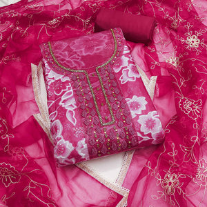 Pink Delicate Floral Sequins & Hand Embellishments On Flowing Organza Dress Material