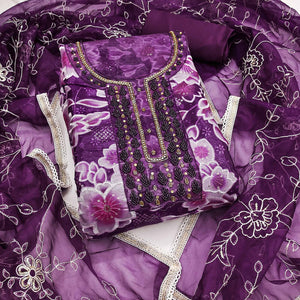 Purple Delicate Floral Sequins & Hand Embellishments On Flowing Organza Dress Material