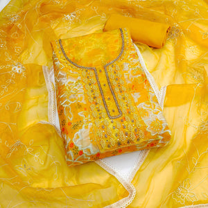 Yellow Delicate Floral Sequins & Hand Embellishments On Flowing Organza Dress Material