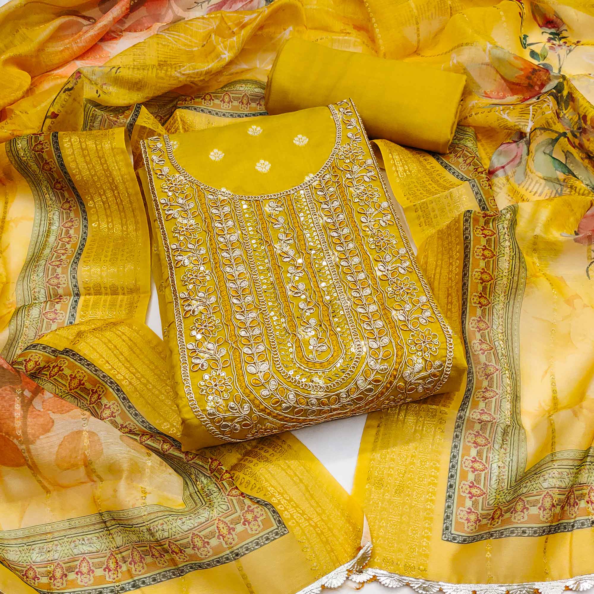 Mustard Woven Banarasi Cotton Silk Dress Material Accented With Sequin