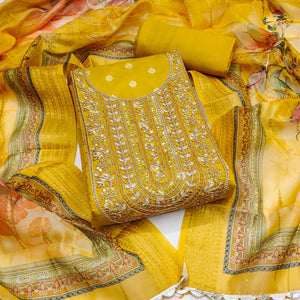 Mustard Woven Banarasi Cotton Silk Dress Material Accented With Sequins Embroidery