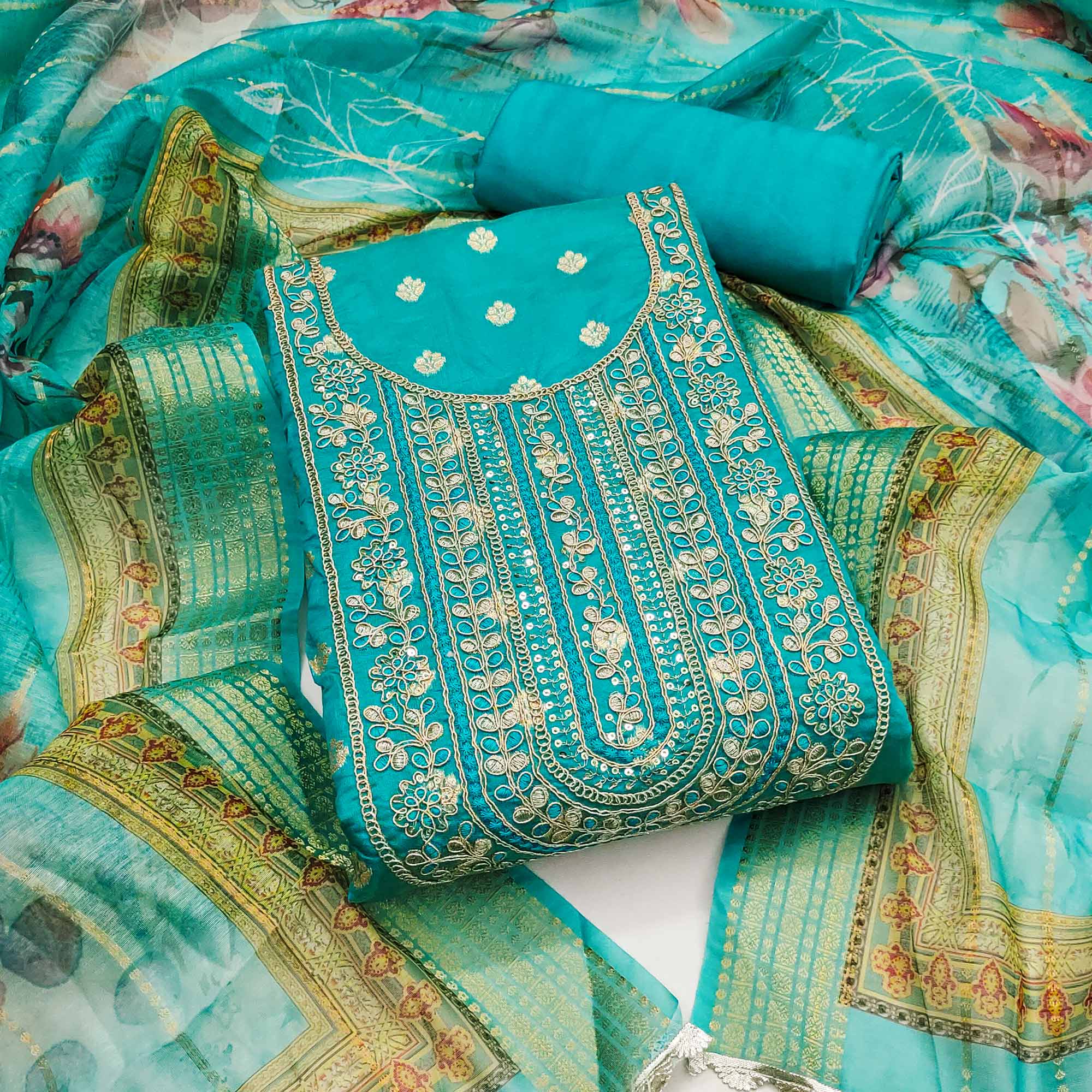 Turquoise Woven Banarasi Cotton Silk Dress Material Accented With Sequins Embroidery