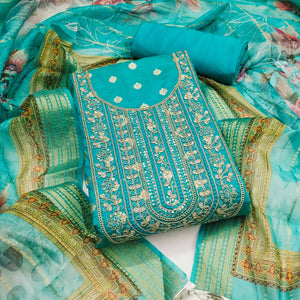 Turquoise Woven Banarasi Cotton Silk Dress Material Accented With Sequins Embroidery