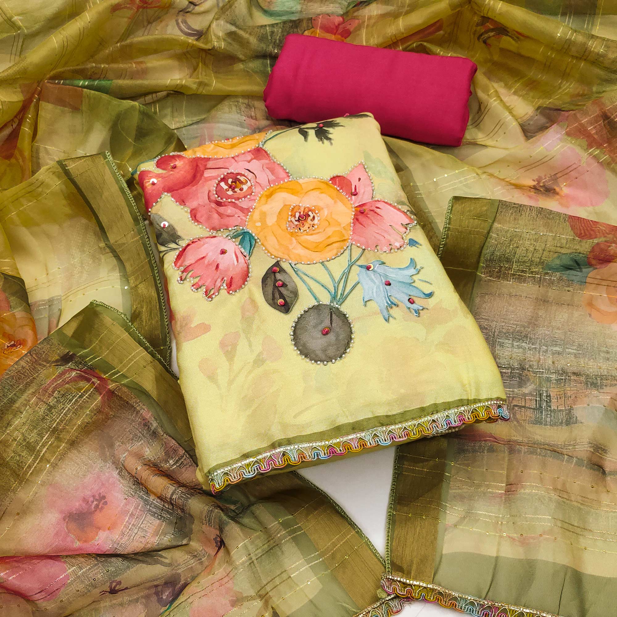 Lemon Yellow Pure Cotton Dress Material With Floral Digital Print & Fine Handwork