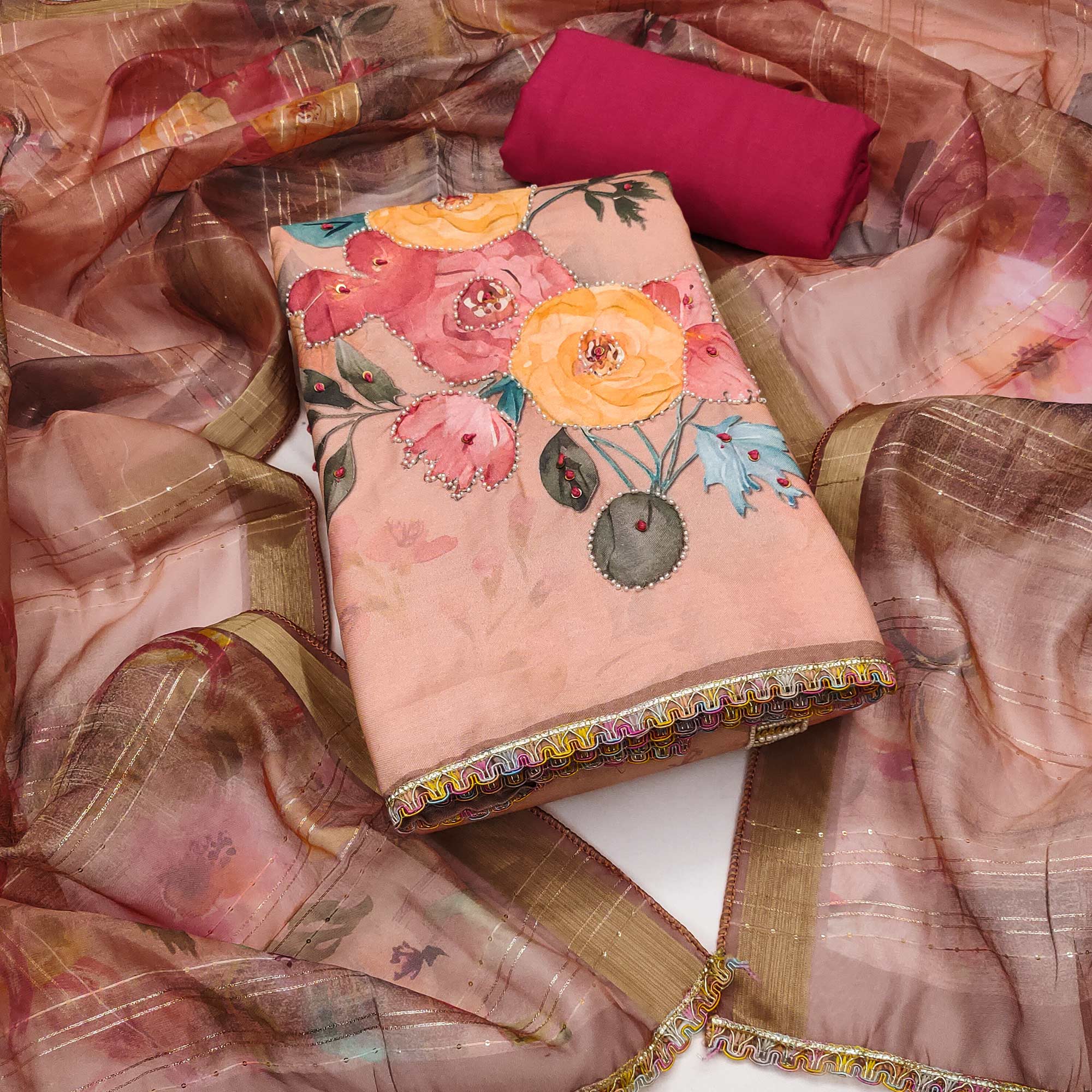 Peach Pure Cotton Dress Material With Floral Digital Print & Fine Handwork