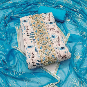 Blue Pure Cotton Dress Material With Digital Florals & Handcrafted Sequins Embroidery