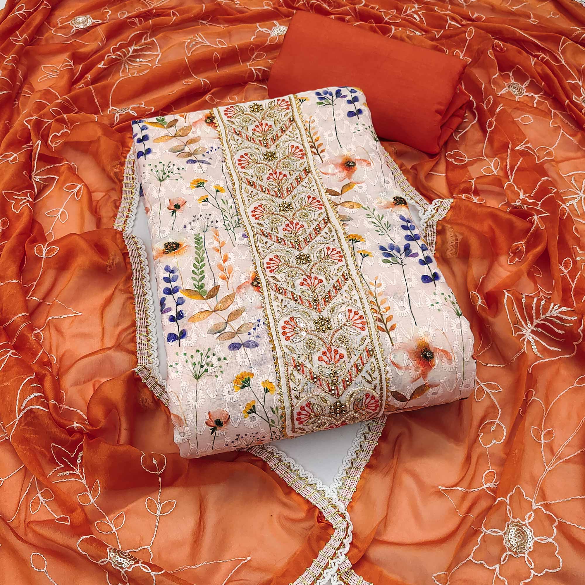 Orange Pure Cotton Dress Material With Digital Florals & Handcrafted Sequins Embroidery