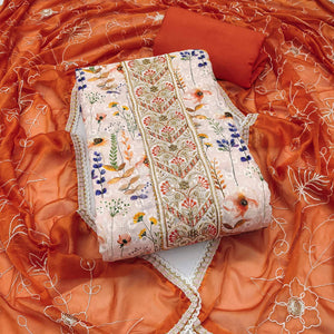 Orange Pure Cotton Dress Material With Digital Florals & Handcrafted Sequins Embroidery