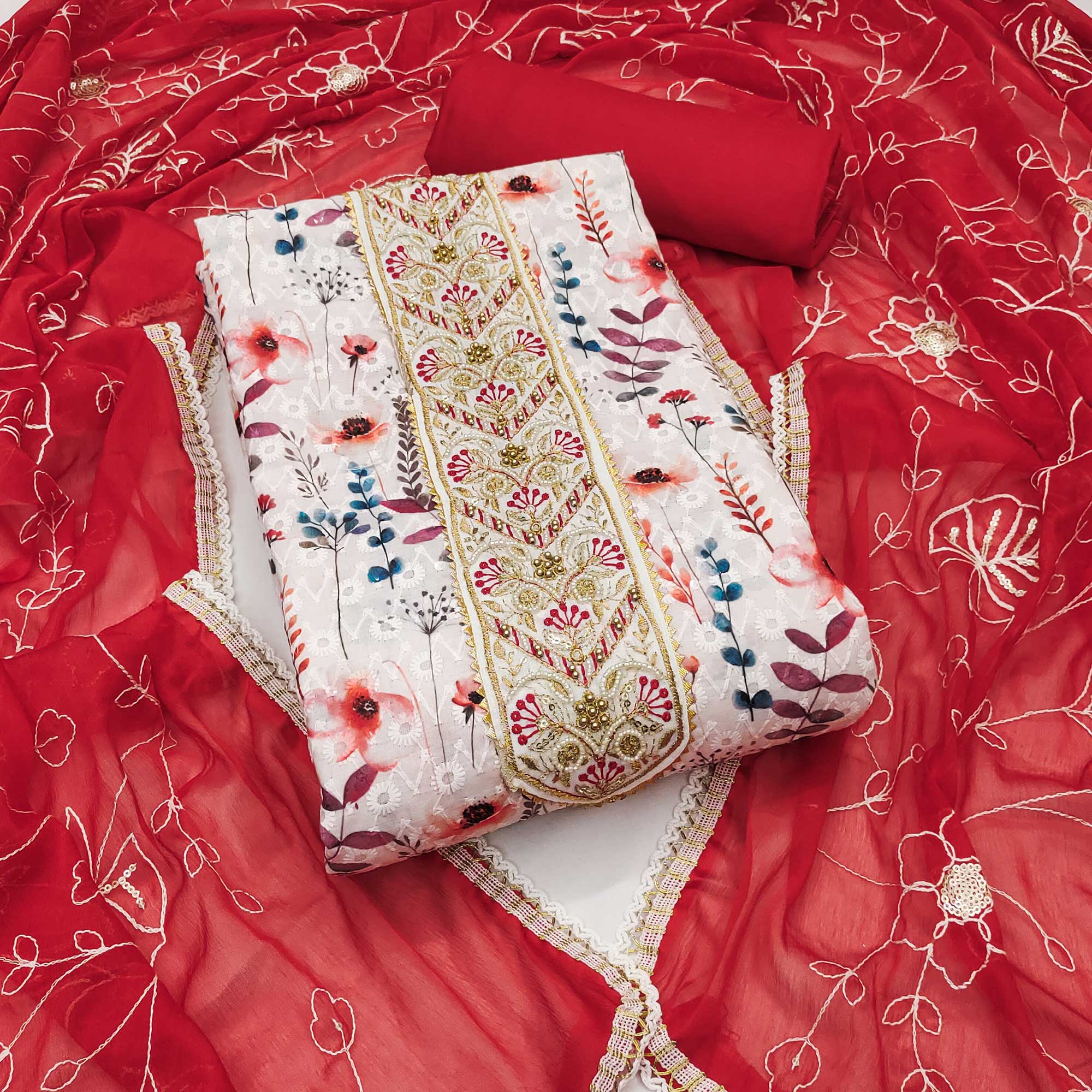 Red Pure Cotton Dress Material With Digital Florals & Handcrafted Sequins Embroidery