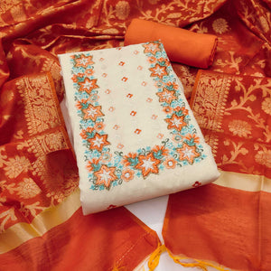 Floral Sequins Embroidered Cream & Orange Pure Cotton Dress Material With Delicate Handwork