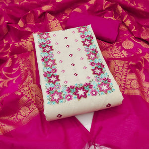 Floral Sequins Embroidered Cream & Pink Pure Cotton Dress Material With Delicate Handwork