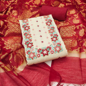 Floral Sequins Embroidered Cream & Red Pure Cotton Dress Material With Delicate Handwork