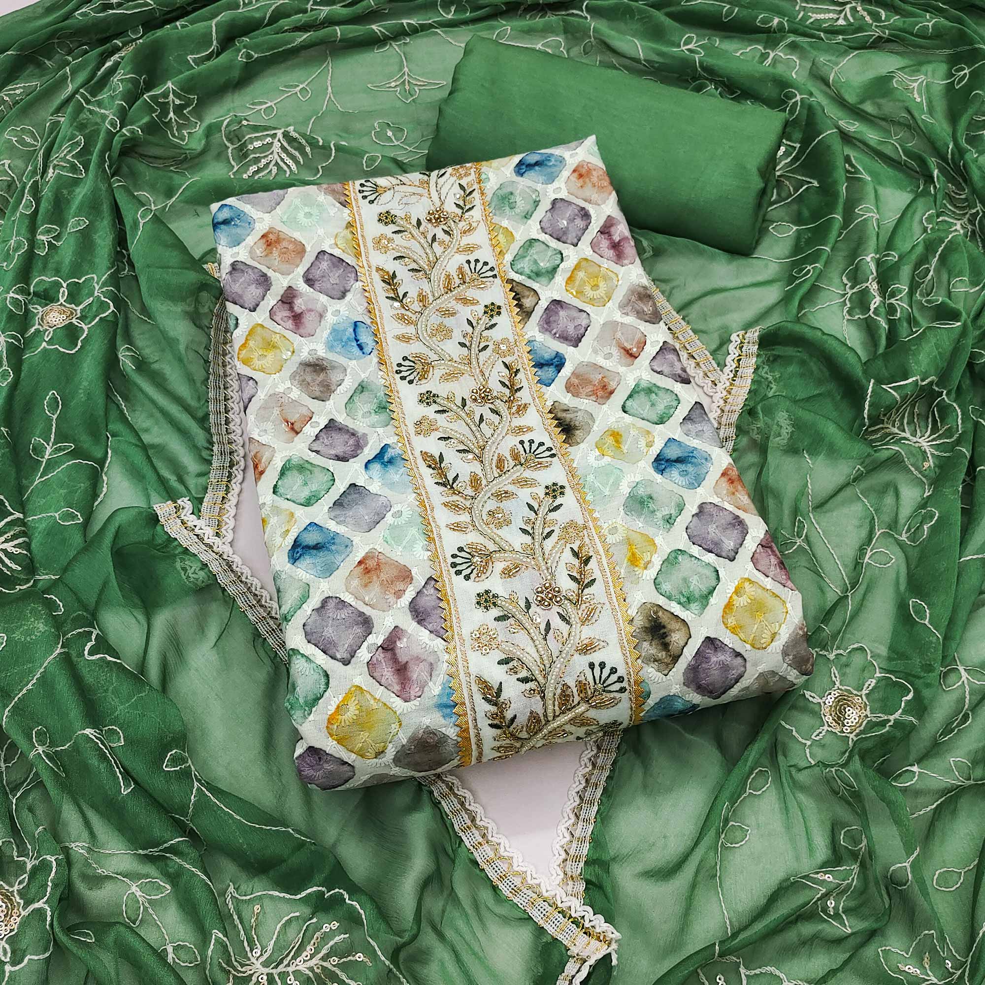 Green Digital Printed With Sequins Embroidery & Handwork Pure Cotton Dress Material