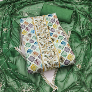 Green Digital Printed With Sequins Embroidery & Handwork Pure Cotton Dress Material