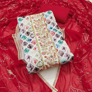 Red Digital Printed With Sequins Embroidery & Handwork Pure Cotton Dress Material