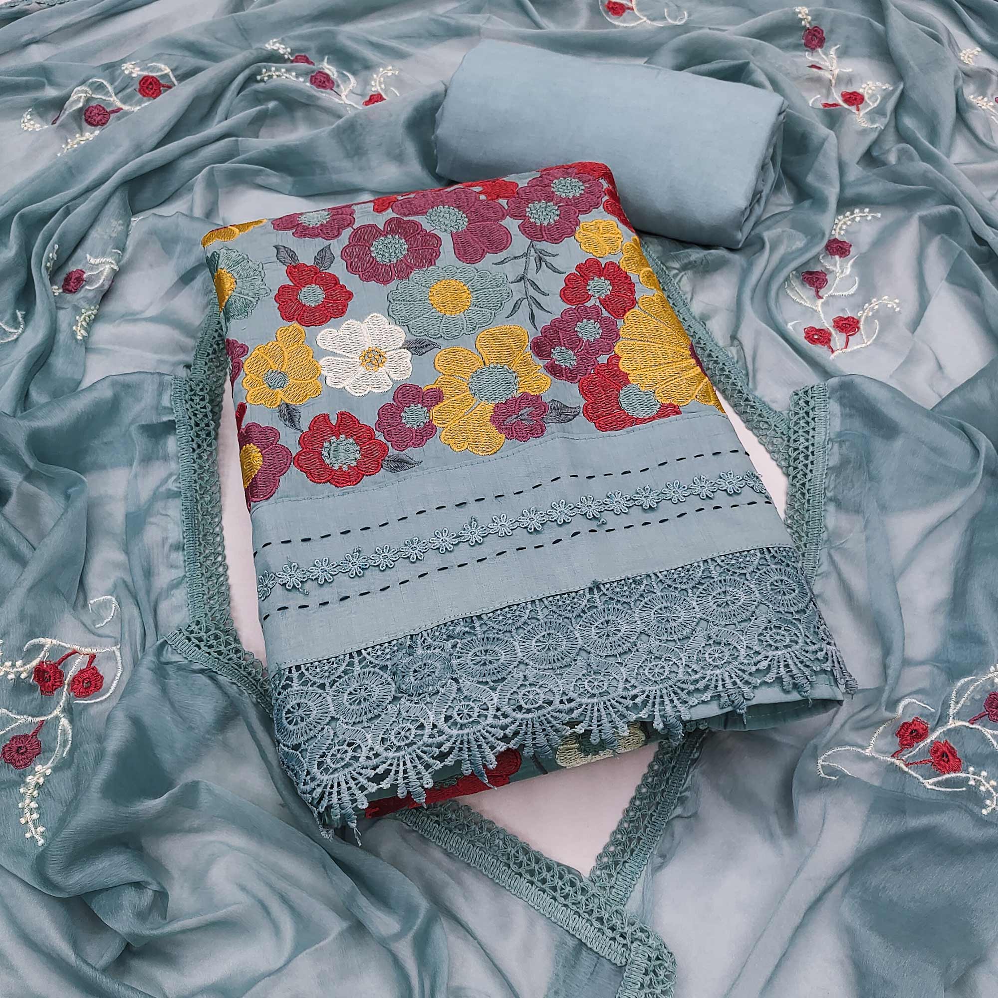 Grey Roman Cotton Silk Dress Material Adorned With Elegant Floral Thread Embroidered Work