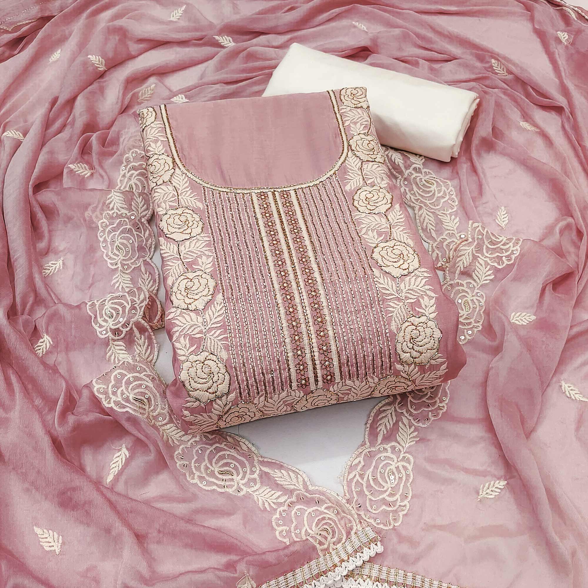 Dusty Mauve Cotton Silk Dress Material Embellished With Floral Embroidery & Intricate Handwork