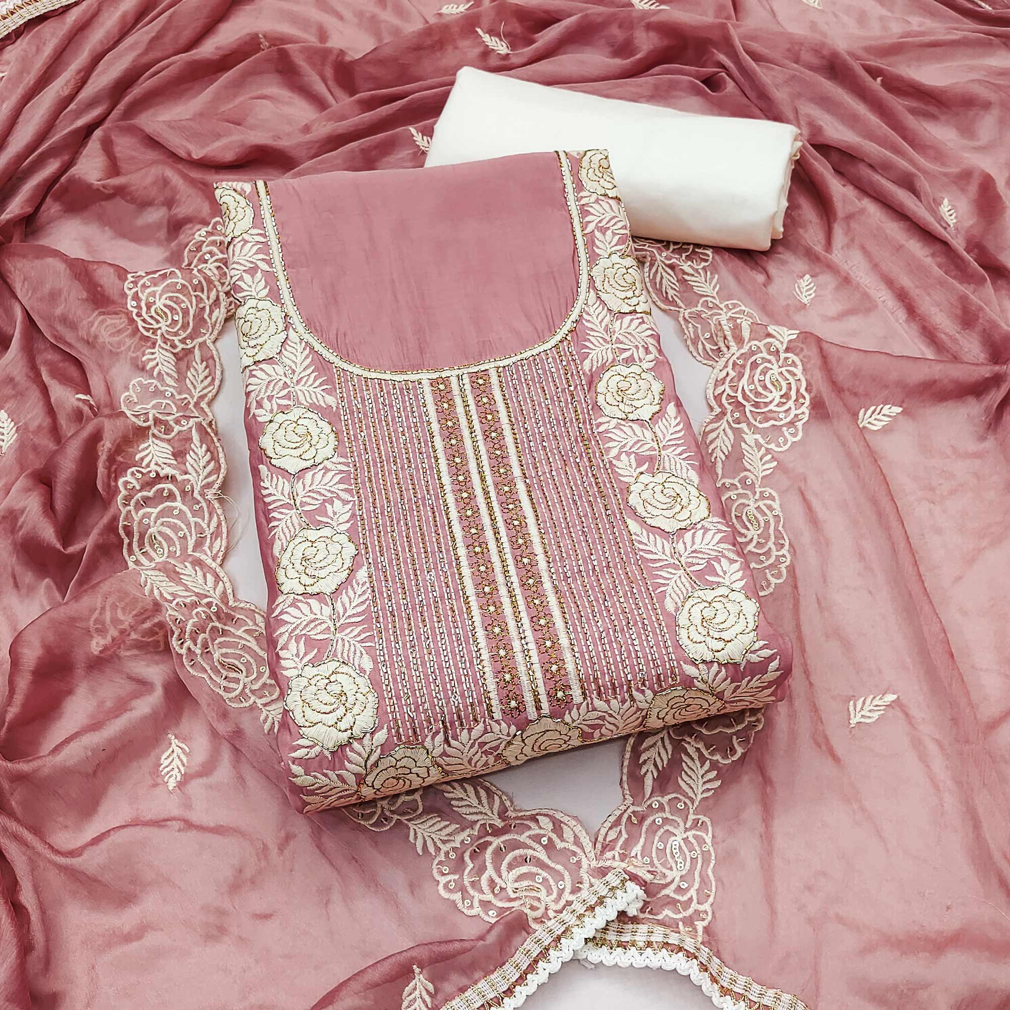 Peach Cotton Silk Dress Material Embellished With Floral Embroidery & Intricate Handwork