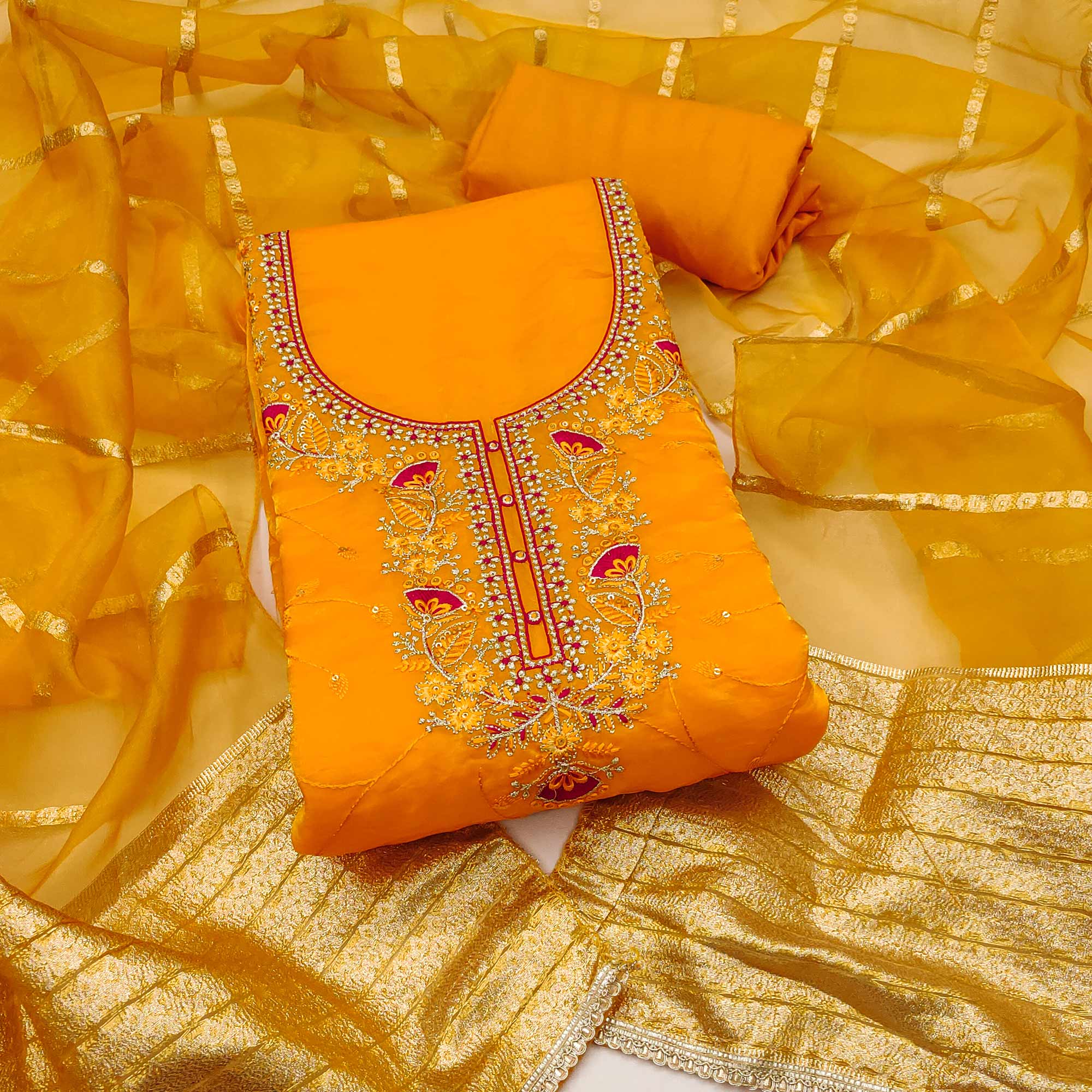 Yellow Georgette Silk Dress Material Beautified With Floral Sequins Embroidery