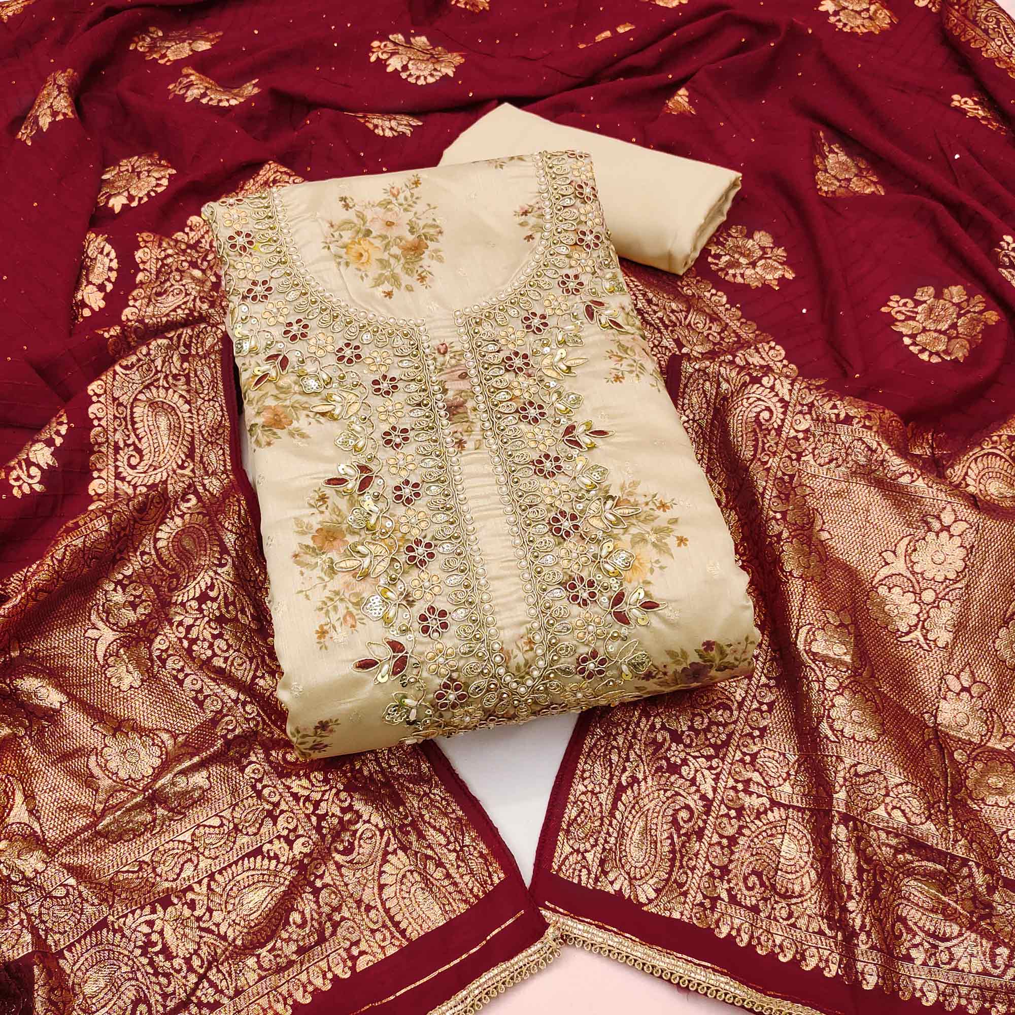 Chikoo Chanderi Silk Dress Material Adorned With Floral Sequins Embroidery & Delicate Moti Handwork