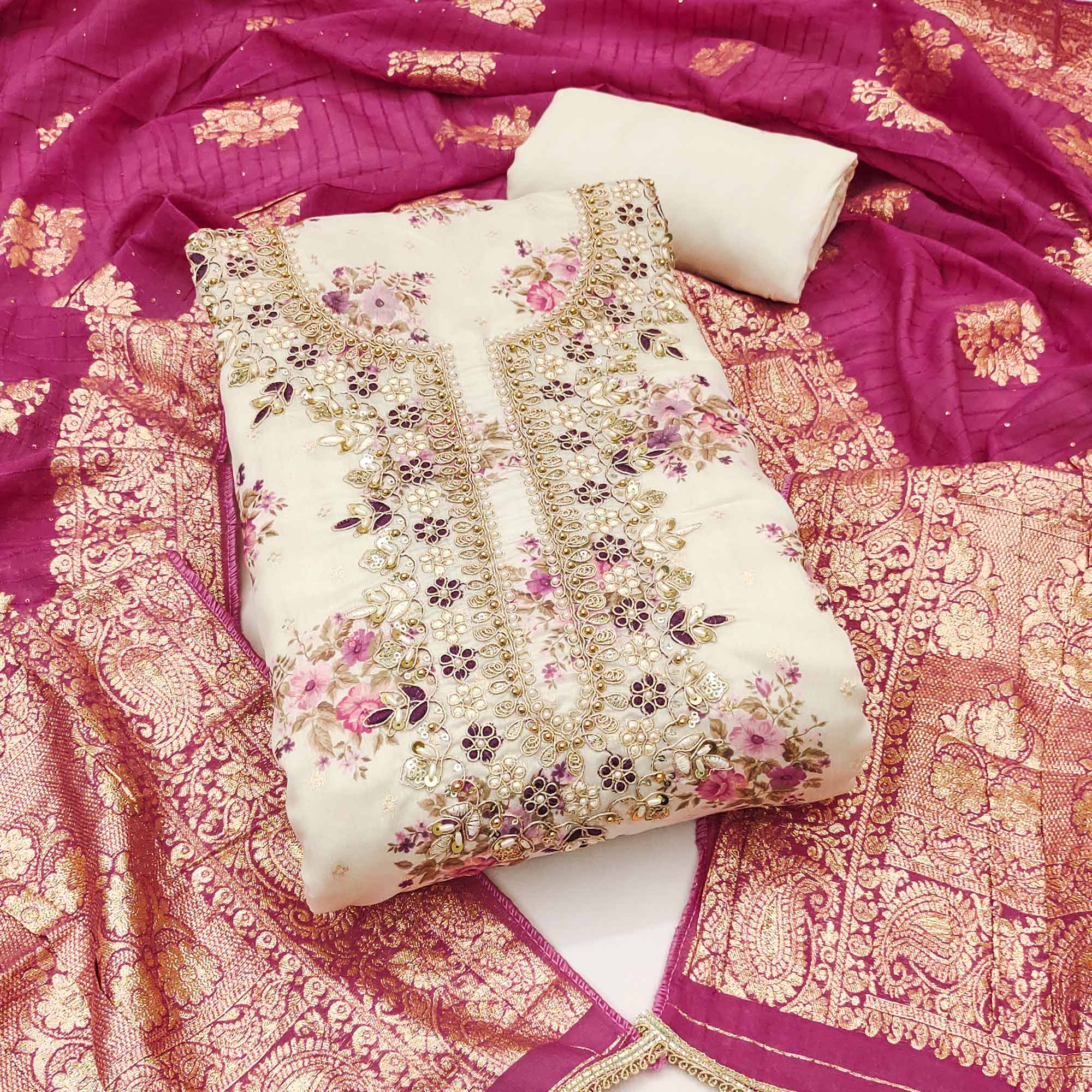 Cream Chanderi Silk Dress Material Adorned With Floral Sequins Embroidery & Delicate Moti Handwork