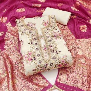 Cream Chanderi Silk Dress Material Adorned With Floral Sequins Embroidery & Delicate Moti Handwork
