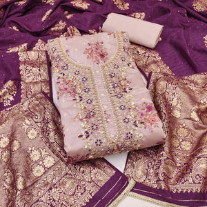Dusty Mauve Chanderi Silk Dress Material Adorned With Floral Sequins Embroidery & Moti Handwork