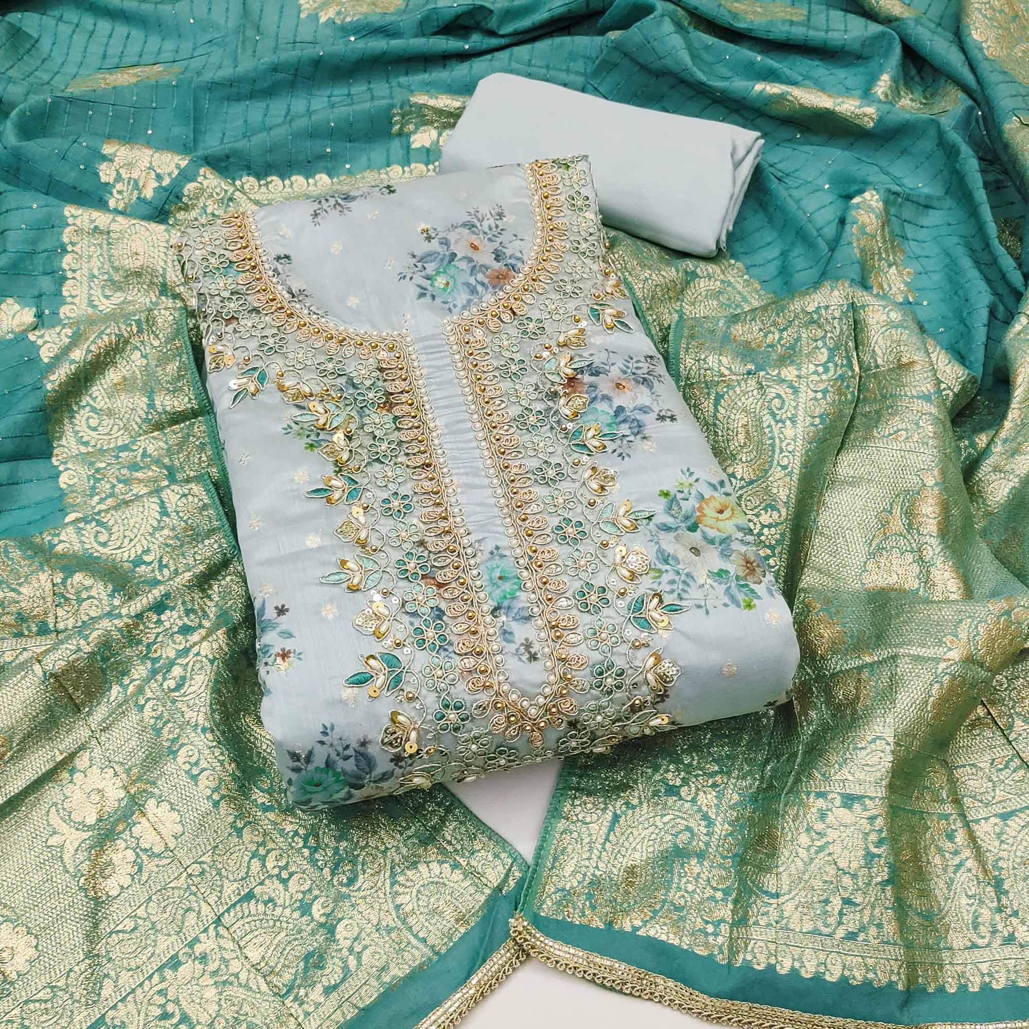 Grey Chanderi Silk Dress Material Adorned With Floral Sequins Embroidery & Delicate Moti Handwork