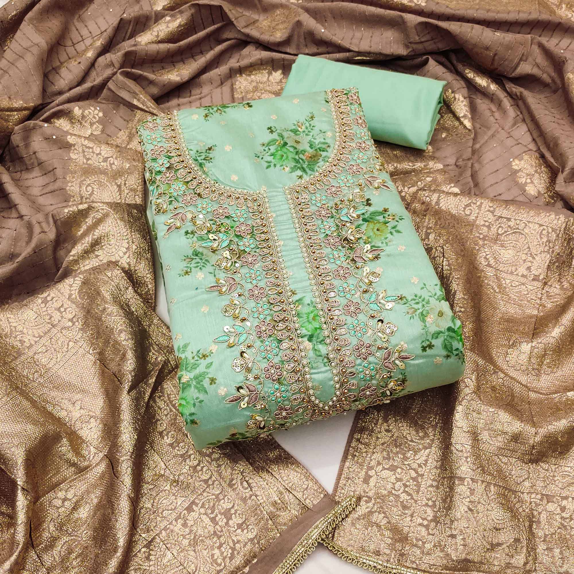 chanderi silk hand work dress material Sea Green Chanderi Silk Dress Material Adorned With Floral Sequins Emb