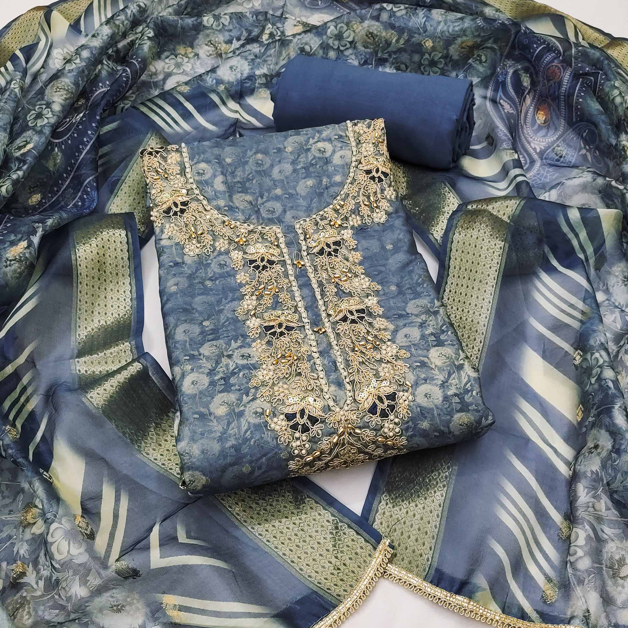 Blue Banarasi Cotton Blend Dress Material With Floral Digital Print & Elegant Moti Handwork