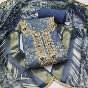 Blue Banarasi Cotton Blend Dress Material With Floral Digital Print & Elegant Moti Handwork