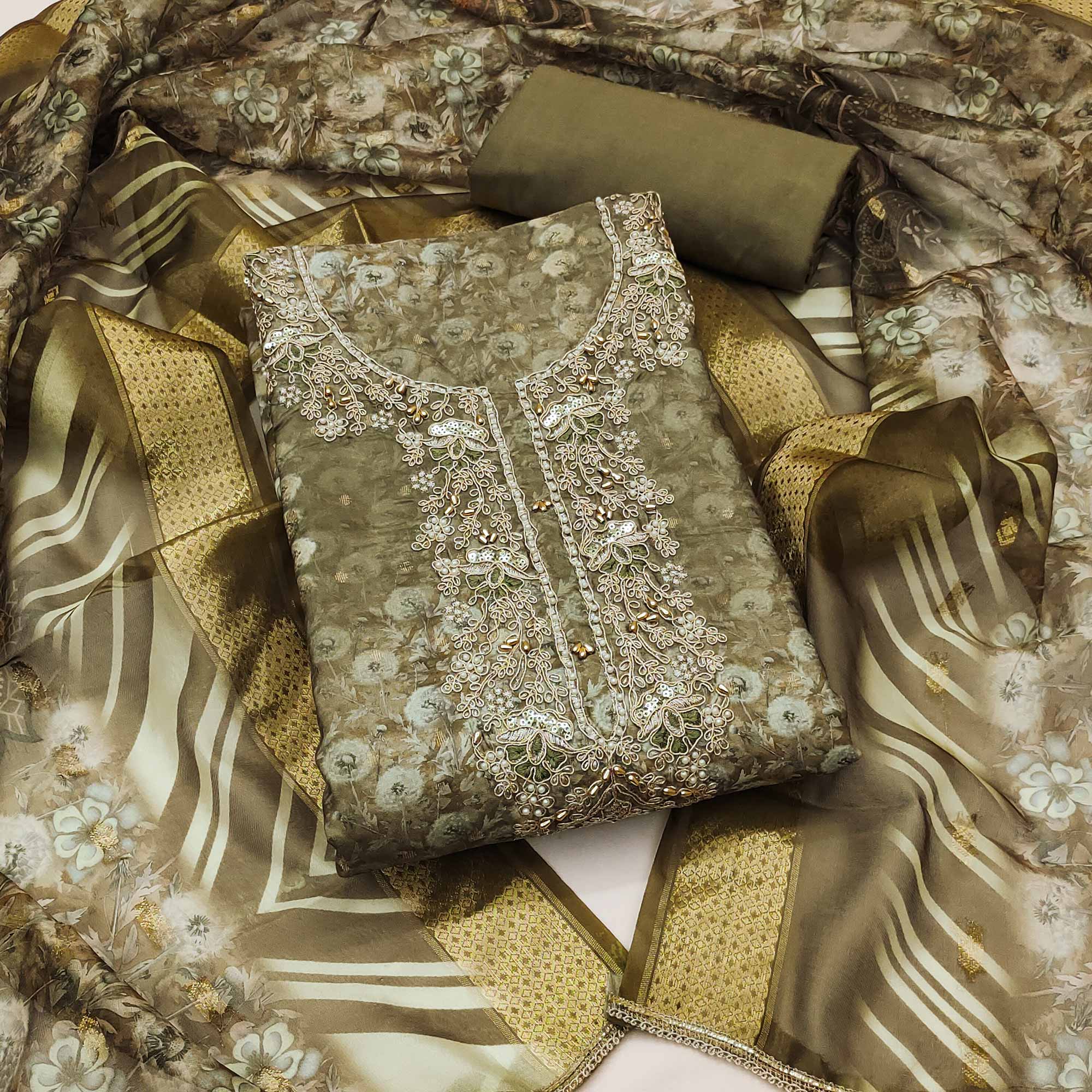 Mehendi Green Banarasi Cotton Blend Dress Material With Floral Digital Print & Moti Handwork