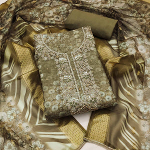 Mehendi Green Banarasi Cotton Blend Dress Material With Floral Digital Print & Moti Handwork